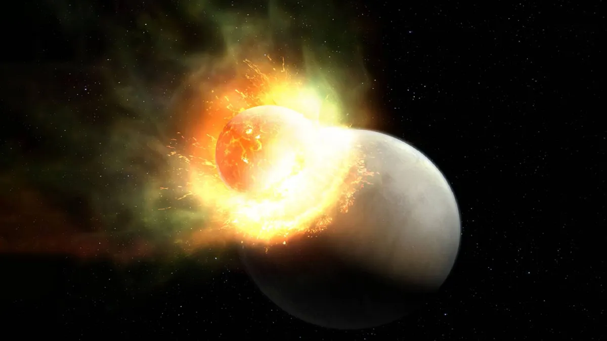A Colossal Impact Destroyed the Atmosphere of an Alien World